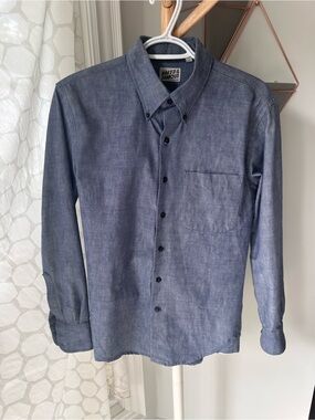NAKED AND FAMOUS DENIM Size Small Blue Jean Button down shirt Made in Canada